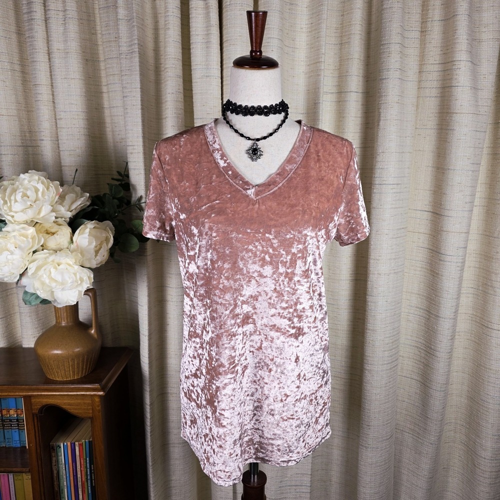 Pol Crushed Velvet V Neck Top Size L Pink Boho Whimsigoth Fairy Barbiecore Basic - Picture 4 of 11